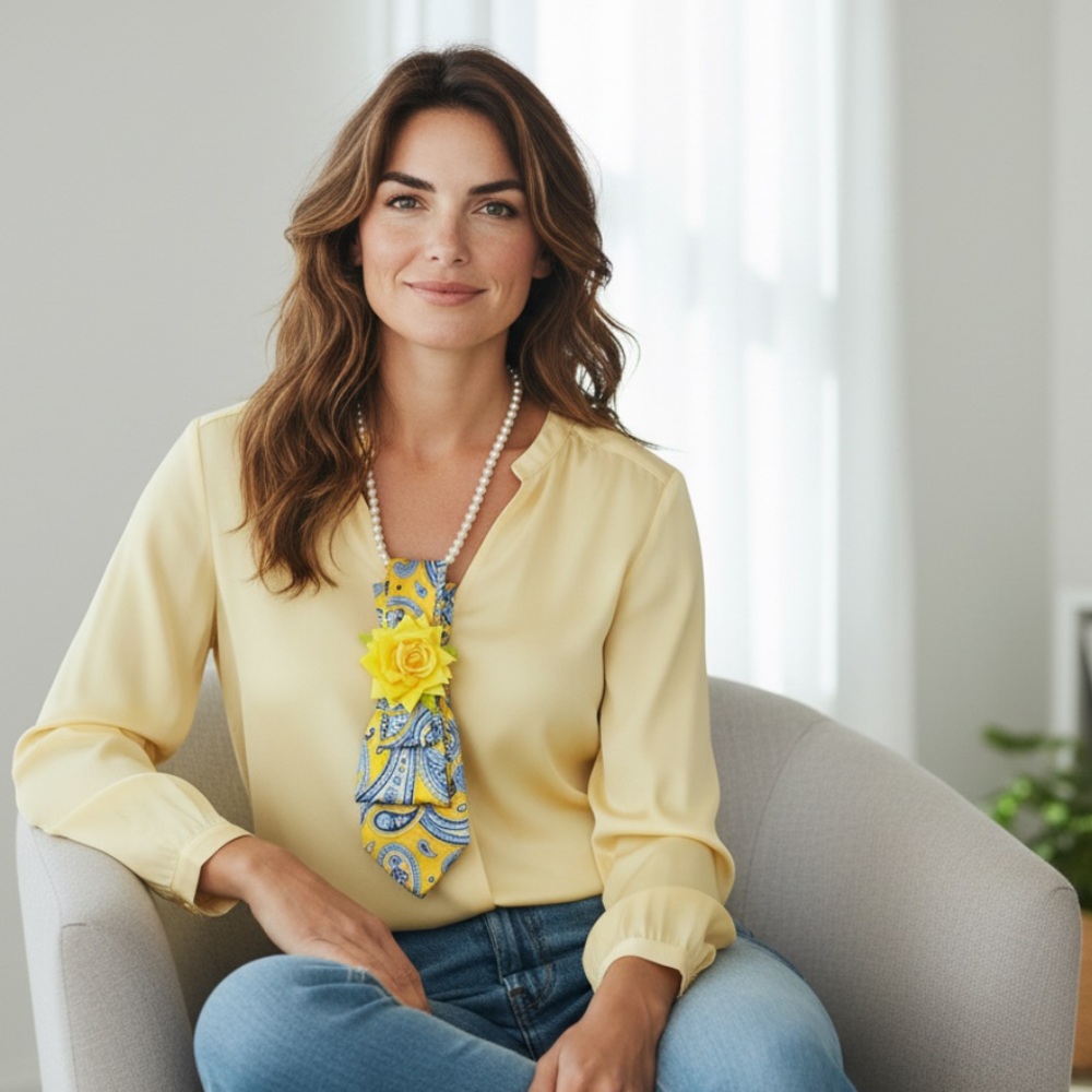 “Dainty Dapper Designs”Yellow and Blue Paisley Necktie Necklace with brooch. New